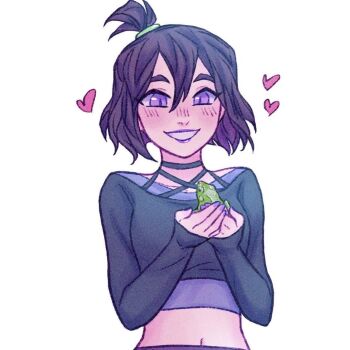 1girl black_hair black_shirt blush byghostface danny_phantom frog grin hair_between_eyes heart midriff navel purple_eyes purple_nails sam_manson shirt short_hair simple_background smile solo white_background