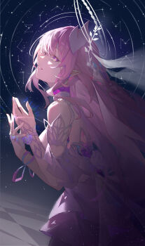 1girl absurdres bare_shoulders breasts commentary cowboy_shot cyrene_(honkai:_star_rail) cyrene_(ripples_of_past_reverie)_(honkai:_star_rail) diamond-shaped_pupils diamond_(shape) dress from_side halo hands_up highres honkai:_star_rail honkai_(series) hukw jewelry long_hair looking_at_viewer looking_to_the_side medium_breasts parted_lips pink_hair pointy_ears purple_eyes ring sidelocks sideways_glance sky smile solo star_(sky) starry_sky symbol-shaped_pupils white_dress