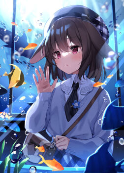 1girl against_glass air_bubble animal_ears aquarium bag black_hat black_necktie blush brown_hair bubble collared_shirt commentary_request fish floppy_ears grey_sweater hand_on_glass hat irori long_sleeves necktie original parted_lips plaid_hat red_eyes seaweed shirt short_hair sleeves_past_wrists solo sweater upper_body white_shirt