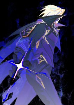 1boy absurdres black_gloves black_pants blue_shirt cape commentary dainsleif_(genshin_impact) feet_out_of_frame from_side genshin_impact gloves half_mask highres kx0e male_focus mask mystical_high_collar outstretched_arm pants shirt solo walking