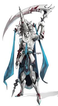 1girl aqua_necktie aqua_ribbon armor artist_name blackletter blasphemous blood blood_on_armor bloody_weapon commentary crossover full_body greaves hand_up hat hat_ribbon hatsune_miku helmet highres holding holding_behind_back holding_scythe holding_weapon_behind_back necktie pauldrons pelvic_curtain pointy_hat ribbon sabaton scythe shadow shoulder_armor simple_background solo standing swessyarts veil vocaloid weapon white_background white_veil worldwide_miku