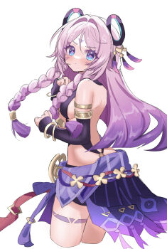 1girl armlet asymmetrical_sleeves back bare_shoulders blue_eyes blush braid breasts citlali_(genshin_impact) closed_mouth commentary detached_sleeves facial_mark feathers floating_headgear forehead_mark genshin_impact hair_intakes headgear highres jewelry large_breasts leotard long_hair looking_at_viewer looking_back pink_feathers pink_hair pink_pupils purple_feathers purple_leotard purple_sarong purple_sleeves ribbed_leotard ribbed_sleeves ring_hair_ornament rumi_(xafv5772) sarong shoulder_blades simple_background solo_focus thigh_marking thighs triangle triangle_facial_mark uneven_sleeves white_background