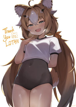 1girl :d ahoge animal_ear_fluff animal_ears arm_behind_back black_leotard blush bow breasts brown_hair commentary commission covered_navel cowboy_shot girls'_frontline girls'_frontline_neural_cloud grey_eyes gym_uniform hair_bow hair_intakes hand_up hannah_(neural_cloud) highres kion-kun leotard leotard_under_clothes long_hair looking_at_viewer low_twintails multicolored_hair naughty_face open_mouth shirt simple_background small_breasts smile streaked_hair tail twintails very_long_hair white_background white_shirt white_streaks