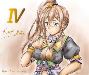 Rule 34 | 1girl, black shirt, blonde hair, blue eyes, blush, braid, countdown, double-parted bangs, jewelry, karja balta, long hair, necklace, pendant, purple scrunchie, scrunchie, shell, shell necklace, shirt, side braid, simple background, you george24, ys, ys x: nordics