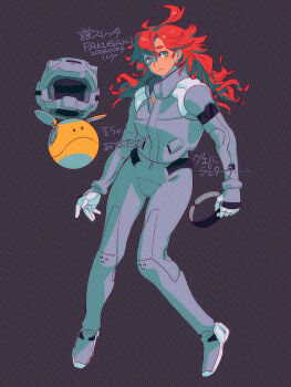 1girl ahoge aqua_eyes artist_name breasts commentary_request dated floating full_body grey_background gundam gundam_suisei_no_majo hair_between_eyes haro helmet ivy_hermit light_smile long_hair medium_breasts red_hair robot solo spacesuit suletta_mercury tan thick_eyebrows unworn_headwear unworn_helmet