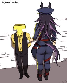 1boy 1girl animal_ears artist_name belt black_belt black_boots black_hair black_pants boots box_wonderland collared_shirt commentary english_commentary fenomeno_(black_flames_of_the_righteous_spirit)_(umamusume) fenomeno_(umamusume) hat highres horse_ears horse_girl horse_tail long_hair multicolored_hair pants purple_hair shirt size_difference t-head_trainer_(umamusume) tail trainer_(umamusume) umamusume wide_hips yellow_shirt