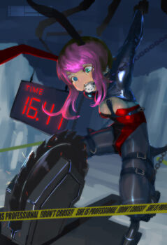 1=2 1girl animal_ears armbinder arms_behind_back bdsm belt blue_eyes bondage bound breasts buzzsaw_(tool) chain circular_saw countdown crying crying_with_eyes_open death_machine dice english_text execution female_focus frogtie gag gagged green_eyes heterochromia imminent_death original pantyhose peril pink_hair rabbit_ears saw small_breasts snuff solo spread_legs strappado tears