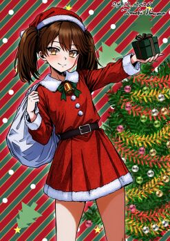 1girl bell belt black_belt box brown_eyes brown_hair christmas commentary_request cowboy_shot dress fur-trimmed_dress fur-trimmed_headwear fur_trim gift gift_box hat highres hisama_tomoki holding holding_gift holding_sack kantai_collection long_hair long_sleeves looking_at_viewer merry_christmas neck_bell one-hour_drawing_challenge red_dress red_hat ryuujou_(kancolle) sack santa_costume santa_dress santa_hat smile solo twintails two-tone_background