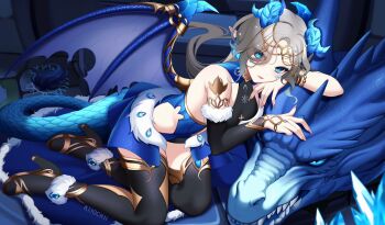 Rule 34 | 1girl, artist name, black boots, black sleeves, blue eyes, blue gem, blue horns, boots, breasts, closed mouth, commentary, commission, detached sleeves, dragon, dragon girl, dragon horns, gem, gold trim, grey hair, highres, horns, icy sylvie, indie virtual youtuber, kiyochii, long hair, pointy ears, single detached sleeve, virtual youtuber