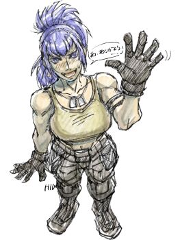 1girl blue_eyes blue_hair boots breasts female_focus hands_up hidpict huge_breasts large_breasts leona_heidern long_hair looking_at_viewer pale_skin pants ponytail pov smile tank_top the_king_of_fighters waving