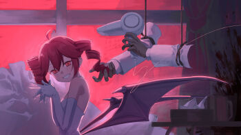1girl ahoge blood demon_wings dress drill_hair earrings elbow_gloves evil_grin evil_smile fingernails gloves grin hair_between_eyes hair_dryer highres indoors jewelry kasane_teto looking_at_viewer low_wings mishio_(misio_40) red_eyes rope severed_limb short_hair smile solo tissue_box twin_drills utau white_dress white_gloves wings zuutto_issho_(kitani_tatsuya)