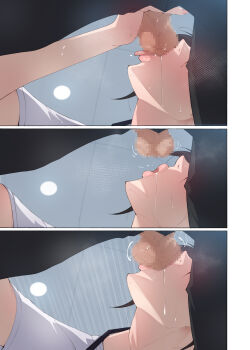 1girl absurdres agovitch black_hair blush breath ceiling censored drooling fellatio from_below hataraku_onee-san-tachi:_mikonritsu_no_takai_machi_de_hataraku_tokoya_no_onee-san_ni_okuchi_de_shiborareru highres indoors lips mosaic_censoring motion_lines multiple_views nostrils open_mouth oral original penis saliva sequential short_hair sitting solo_focus standing sweat testicle_sucking testicles thick_lips tongue tongue_out upper_body