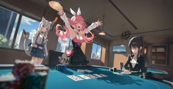 ! 3girls :d :o ace_(playing_card) ace_of_clubs ace_of_spades amase_chihiro animal_ear_hairband animal_ear_legwear animal_ears armpits arms_up backlighting bag bare_shoulders bell black_choker black_dress black_hair black_jacket black_necktie black_panties blue_eyes blunt_bangs blurry blurry_background blurry_foreground bow breasts brooch card cat-shaped_eyewear cat_ear_legwear cat_earrings cat_ears chain choker cleavage closed_eyes club_(shape) collared_shirt cropped_shirt day detached_sleeves dress earrings eight_of_hearts fake_animal_ears flower_hairtie game_cg gold_chain gradient_necktie gradient_tail grey_necktie grey_tail hairband hands_on_table heart heterochromia highleg highleg_panties highres hoshimiya_kana indoors jack_(playing_card) jack_of_clubs_(playing_card) jack_of_hearts jacket jewelry large_breasts long_hair loose_necktie multicolored_dress multicolored_hair multiple_girls neck_bell necktie nine_of_hearts no_eyes non-web_source open_mouth own_hands_together panties paw_print pink_dress pink_eyes pink_hair playing_card poker poker_chip poker_fate poker_table ponytail rabbit_ear_hairband rabbit_ears seven_of_hearts shaded_face shadow shirt shoulder_bag skindentation smile spade_(shape) squiggle standing star_brooch straight_(poker) streaked_hair table tail tail_bow tail_ornament tail_raised television ten_of_diamonds thighhighs twintails two_of_clubs two_pair_(poker) underwear white_hair white_shirt white_sleeves white_tail white_thighhighs window yellow_bow yellow_eyes