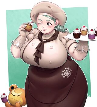 Rule 34 | 1girl, apron, ascot, better-with-salt, black eyes, breasts, brown apron, brown ascot, brown gloves, brown skirt, chef, chef hat, commentary, cupcake, english commentary, food, food on face, gen 2 pokemon, gloves, green hair, hat, highres, holding, holding food, holding tray, huge breasts, katy (pokemon), mole, mole on cheek, mole under eye, nintendo, one eye closed, pokemon, pokemon (creature), pokemon sv, signature, skirt, smile, teddiursa, thick arms, tray, waist apron, white hat, wide hips