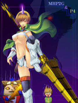Rule 34 | 2girls, atlus, breasts, brown hair, capcom, cosplay, crossover, dark persona, felyne, highres, horns, huge weapon, kirin (armor), kirin (cosplay), kirin (monster hunter), kuma (persona 4), large breasts, monster hunter (series), multiple girls, one eye closed, panties, persona, persona 4, polearm, satonaka chie, shadow (persona), shadow chie, shadow kuma, shin megami tensei, short hair, single horn, sword, swordstaff, taru neko, thighhighs, underboob, underwear, weapon, wink