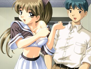 1boy 1girl black_eyes blue_hair bow bra breasts brown_eyes brown_hair cleavage clothes_lift clueless collarbone collared_shirt game_asset hair_bow hakoiri_musume high_ponytail indoors large_breasts long_hair miniskirt navel non-web_source official_art open_mouth pants pleated_skirt ponytail school_uniform self-datamine serafuku shirt shirt_lift short_hair short_sleeves skirt sleeves_rolled_up smile tareme the_seiji toujou_mizuho underwear undressing visual_novel_cg white_skirt