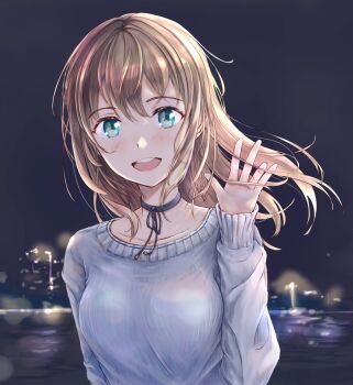 1girl black_choker blue_eyes blue_shirt breasts brown_hair choker choppy_bangs commentary_request hand_in_own_hair hand_up highres kototomari long_sleeves looking_at_viewer medium_breasts medium_hair night open_mouth original outdoors shirt smile solo upper_body