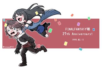 Rule 34 | > <, 1boy, 1girl, :d, anniversary, arm ribbon, bare shoulders, belt, bike shorts, bike shorts under skirt, black boots, black gloves, black hair, black jacket, black pants, black ribbon, black shirt, black shorts, blue cardigan, blue skirt, blue sleeves, boots, border, brown belt, brown hair, cardigan, chibi, chibi only, closed eyes, commentary request, confetti, copyright name, couple, cropped jacket, dated, detached sleeves, final fantasy, final fantasy viii, full body, fur-trimmed jacket, fur trim, glomp, gloves, hetero, hug, jacket, long hair, multiple belts, nnnmmg0725, open mouth, outstretched arms, pants, red background, ribbed cardigan, ribbed sleeves, ribbon, rinoa heartilly, scar, scar on face, scar on forehead, shirt, short hair, shorts, skirt, sleeveless, sleeveless shirt, smile, squall leonhart, sweatdrop, tackle, twitter username, wavy mouth, white border, white shirt, wide-eyed, xd