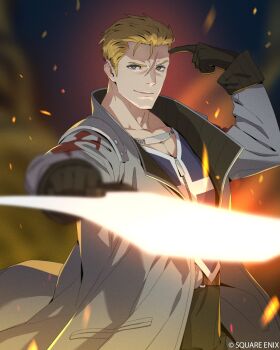 1boy black_gloves black_pants blonde_hair blue_eyes blue_vest closed_mouth coat embers final_fantasy final_fantasy_viii finger_to_face furrowed_brow gloves grey_coat gunblade hair_slicked_back highres holding holding_weapon jewelry long_coat looking_at_viewer male_focus necklace official_art pants pointing pointing_at_self scar scar_on_face scar_on_forehead seifer_almasy short_hair silver_necklace smile solo square_enix upper_body vest weapon