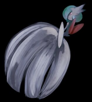 1girl aqua_hair arched_back black_background bob_cut colored_skin dark dress elbow_gloves female_focus gardevoir gen_3_pokemon gloves hair_over_one_eye long_dress mega_gardevoir mega_pokemon nintendo no_mouth one_eye_covered pink_eyes pokemon pokemon_(creature) rey_(pixiv_95560830) short_hair simple_background solo white_dress white_gloves white_skin