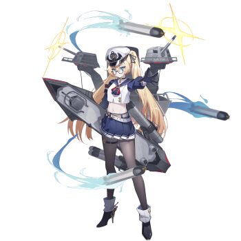 Rule 34 | 1girl, anchor ornament, artist request, black pantyhose, black ribbon, black shoes, blonde hair, blue choker, blue eyes, blue gloves, blue sailor collar, blue shirt, blue skirt, cassard (warship girls r), choker, full body, glasses, gloves, hair ribbon, hat, high heels, highres, long hair, looking at viewer, midriff, multicolored shirt, navel, o-ring, o-ring choker, official art, outstretched arm, pantyhose, ribbon, rigging, sailor collar, semi-rimless eyewear, ship turret, shirt, shoes, skirt, solo, torpedo, transparent background, twintails, very long hair, warship girls r, white hat, white shirt