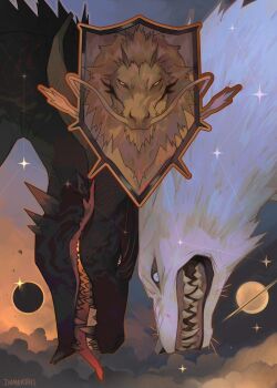 animal_focus artist_name cloud coat_of_arms commentary commentary_request constellation creature dragon highres immorthis limited_palette monster moon original planet portrait simple_background star_(sky) teeth tongue watermark white_fur wolf