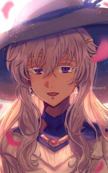 1girl :d alternate_costume backlighting blurry blurry_foreground blush circlet colored_eyelashes curly_hair deirdre_(fire_emblem) earrings falling_petals fire_emblem fire_emblem:_genealogy_of_the_holy_war gem gold_necklace hair_between_eyes half-closed_eyes hat high_collar highres jewelry light_particles long_hair looking_at_viewer necklace nintendo nyawn5 open_mouth petals picture_hat pink_petals portrait purple_eyes purple_gemstone purple_hair purple_hat red_gemstone shade sidelocks simple_background smile solo sparkle twitter_username white_background white_eyelashes