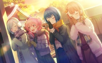 Rule 34 | 4girls, :d, :o, ^ ^, aqua hair, black coat, black gloves, black sweater, blue hair, blue skirt, braid, braided bangs, buttons, closed eyes, closed mouth, coat, colorful palette, dot nose, fur coat, game cg, gloves, grey coat, hair ribbon, hanasato minori, highres, hinomori shizuku, inori no saki negau ashita wa (project sekai), kiritani haruka, light blush, long hair, looking at another, medium hair, mittens, mole, mole under mouth, momoi airi, more more jump! (project sekai), multiple girls, official art, open mouth, orange gloves, orange hair, orange ribbon, orange scarf, outdoors, pink eyes, pink hair, plaid clothes, plaid scarf, praying, project sekai, purple coat, purple scarf, purple skirt, red skirt, red sweater, ribbon, scarf, shrine, skirt, smile, sunset, sweater, third-party source, tree, turtleneck, turtleneck sweater, two-tone ribbon, two side up, u u, upper body, v-shaped eyebrows, wavy hair, white ribbon, white sweater, yellow ribbon, yellow scarf