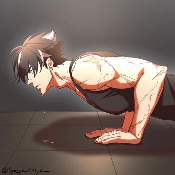 1boy absurdres adam's_apple black_hair black_tank_top commentary_request covered_pectorals cross_scar earrings exercising from_side genshin_impact highres jewelry male_focus multicolored_hair multiple_scars parted_lips pectorals purple_eyes push-ups scar scar_on_arm scar_on_neck short_hair solo streaked_hair sweat syogyo_muzyo tank_top twitter_username two-tone_hair upper_body white_hair wriothesley_(genshin_impact)