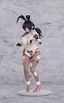 1girl 3d ahegao animal_ears barcode barcode_tattoo black_gloves black_hiphighs blush breasts breasts_squeezed_together brown_dust_(series) brown_dust_2 cleavage elbow_gloves fake_animal_ears female_orgasm figure full_body gloves hair_between_eyes heart_maebari high_heels highres hiphighs holding holding_tray huge_breasts illlrabbit large_variant_set latex latex_gloves leg_tattoo loen_(brown_dust_2) loen_(celebrity_bunny)_(brown_dust_2) looking_ahead maebari navel nipples orgasm pantyhose pink_shoes purple_eyes purple_hair rabbit_ears reverse_bunnysuit reverse_outfit shoes short_twintails solo stiletto_heels stomach tattoo thigh_strap torn_clothes torn_hiphighs torn_pantyhose tray twintails variant_set