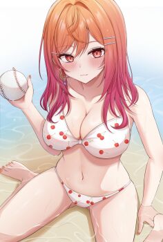 1girl 7nopi absurdres alternate_costume asymmetrical_bangs ball barefoot baseball bikini blush breasts cherry_print cleavage closed_mouth collarbone commentary earrings fingernails food_print from_above fruit_print gradient_hair hair_ornament hairpin hashtag-only_commentary highres holding holding_ball hololive hololive_dev_is hoop_earrings ichijou_ririka jewelry large_breasts long_hair looking_at_viewer multicolored_hair navel orange_eyes orange_hair orange_nails pink_hair print_bikini sitting sitting_on_water solo stomach swimsuit toenails toes virtual_youtuber wariza wet white_bikini