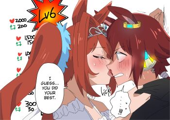 2girls absurdres animal_ears black_shirt blood blush brown_hair closed_eyes commentary daiwa_scarlet_(umamusume) english_commentary english_text highres horse_ears horse_girl iegendchanger kiss_meter_(meme) licking_another&#039;s_nose licking_blood looking_at_another meme multiple_girls nosebleed parted_lips ponytail shirt speech_bubble twintails umamusume vodka_(umamusume) white_shirt yuri