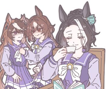 3girls animal_ears aqua_ribbon black_hair book bow bowtie braid braided_bun brown_hair brown_tail chair closed_eyes closed_mouth clothes_grab commentary cup ear_ornament ear_ribbon english_commentary eye_contact hair_between_eyes hair_bun highres holding holding_cup horse_ears horse_girl horse_tail horseshoe_ornament jeokpyemaseuteo long_hair long_sleeves looking_at_another mejiro_ramonu_(umamusume) mole mole_under_eye multicolored_hair multiple_girls pleated_skirt purple_eyes purple_serafuku purple_shirt purple_skirt red_eyes ribbon sailor_collar sailor_shirt school_uniform serafuku shaded_face shirt shirt_grab simple_background sirius_symboli_(umamusume) sitting skirt smile streaked_hair symboli_rudolf_(umamusume) tail teacup thighhighs tracen_school_uniform u_u umamusume white_background white_bow white_bowtie white_hair winter_uniform wooden_chair zettai_ryouiki