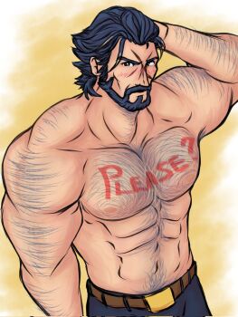 Rule 34 | 1boy, abs, arm hair, bara, beard, blue hair, blush, body writing, chest hair, commentary, connected beard, english commentary, facial hair, fire emblem, fire emblem heroes, full beard, guarder sol, gustav (fire emblem), hairy, highres, large pectorals, looking at viewer, male focus, muscular, muscular male, navel hair, nintendo, nipples, pectorals, scar, scar on face, short hair, solo, topless male