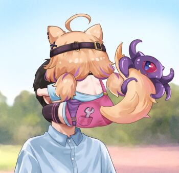 1boy 1girl ahoge alheitrakzoth animal_ears black_hair black_thighhighs blonde_hair cat_ears cat_girl cat_tail chibi commentary english_commentary goggles goggles_on_head hanamasa_ono head_hug indie_virtual_youtuber long_hair multicolored_hair overalls pink_overalls purple_hair second-party_source short_hair shyrei_faolan streaked_hair tail thighhighs two-tone_hair virtual_youtuber