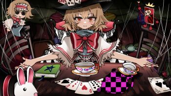 :3 alice_margatroid blonde_hair blue_dress book bow bowtie cape card chair checkered_cape checkered_clothes cup doll dress gensokyo_odyssey hairband hat mad_alice missing_texture_(source) non-web_source ougiikun plate playing_card puppet puppet_strings rabbit red_bow red_bowtie red_eyes satsuki_rin smile solid_oval_eyes staff table teacup teapot top_hat touhou tree