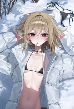 1girl absurdres angel ashal_(mansu) bikini black_eyes blush breasts broken_halo brown_hair cigarette coat commentary_request fingernails hair_between_eyes halo highres long_hair long_sleeves looking_at_viewer lying mansu_(mansu113355) micro_bikini navel on_back original small_breasts smoking stomach swimsuit white_coat yellow_halo