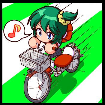 Rule 34 | 1girl, bicycle, blue eyes, drilljapan, eighth note, from above, green hair, hair ornament, hair scrunchie, highres, jikkyou powerful pro yakyuu, jikkyou powerful pro yakyuu (style), motion lines, multicolored shoes, musical note, nanashima asami, no mouth, power pro kun pocket, power pro kun pocket 13, rayman limbs, red shoes, red skirt, riding, riding bicycle, school uniform, scrunchie, shirt, shoes, short hair, skirt, solo, speed lines, spoken musical note, two-tone shoes, white shirt, white shoes, yellow scrunchie