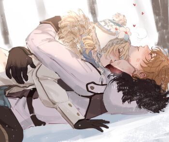 1boy 1girl aitsuwu cold couple cuddling fur_trim genshin_impact highres hug lipstick_mark lumine_(genshin_impact) on_ground snow tartaglia_(genshin_impact) watermark winter