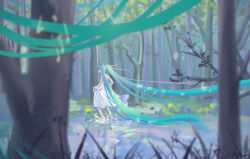 Rule 34 | 1girl, absurdly long hair, barefoot, blue hair, commentary, day, dress, forest, hatsune miku, highres, long hair, musical note, nature, open mouth, outdoors, running, scenery, skirt hold, smile, solo, splashing, textless version, tree, twintails, ufourty, variant set, very long hair, vocaloid, water, wide shot