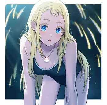 1girl all_fours bent_over black_one-piece_swimsuit blonde_hair blue_eyes border breasts cleavage collarbone commentary_request competition_swimsuit forehead glint highres jewelry kofune_ushio legs long_hair looking_at_viewer medium_breasts necklace one-piece_swimsuit open_mouth shinzousan solo summertime_render swimsuit thighs wet white_border