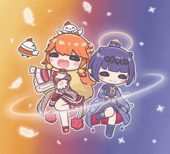 2girls :3 ^_^ absurdres alternate_costume animal animal_on_head blush_stickers closed_eyes commentary english_commentary feathers hairband halo highres hololive hololive_english kfp_employee_(takanashi_kiara) leg_up long_hair medium_hair mole mole_under_eye mpien multiple_girls ninomae_ina&#039;nis on_head open_mouth orange_hair outstretched_arms purple_hair side_ponytail skirt smile takanashi_kiara takodachi_(ninomae_ina&#039;nis) tentacle_hair virtual_youtuber