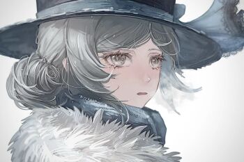 1girl banchuan_radis black_hat blue_bow blue_scarf boater_hat bow breath coat from_side fur-trimmed_coat fur_trim grey_eyes hair_bun hat hat_bow highres official_alternate_costume open_mouth portrait reverse:1999 scarf short_hair single_side_bun solo vertin_(reverse:1999) vertin_(winter)_(reverse:1999) vignetting white_background