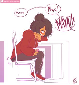 1girl black_hair black_pantyhose blush captainjerkpants controller desk discreet_vibrator hair_bun hair_over_one_eye hetero highres holding holding_remote_control maya_schoppenboer medium_hair ongezellig pantyhose public_indecency public_vibrator pussy_juice red_footwear red_sweater remote_control remote_control_vibrator sex_toy sitting solo speech_bubble sweater vibrator vibrator_under_clothes watermark web_address