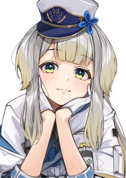 1girl :3 absurdres anbasa_(amaneyuz13) blonde_hair blush commentary_request gloves grey_hair half_gloves hands_on_own_cheeks hands_on_own_face hat highres long_hair looking_at_viewer multicolored_hair nijisanji peaked_cap shioriha_ruri shioriha_ruri_(1st_costume) simple_background smile solo two-tone_hair virtual_youtuber white_background yellow_eyes