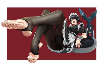 1girl black_dress black_hair black_pantyhose border breasts candy colored_inner_hair commentary_request dress eiji_(eiji) ellen_joe feet fins fish_tail food foot_focus frilled_wristband full_body hairband highres holding holding_candy holding_food holding_lollipop large_breasts leg_up lollipop maid_headdress metal_hairband mole mole_under_eye multicolored_hair nail_polish open_mouth pantyhose razor_blade_hair_ornament red_background red_eyes red_nails scar scar_on_tail shark_girl shark_tail sharp_teeth short_hair solo spiked_headband stirrup_legwear tail teeth toeless_legwear toenail_polish toenails toes white_border zenless_zone_zero