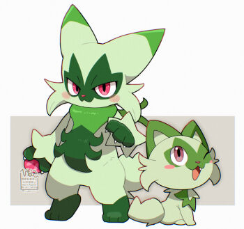 1other blush blush_stickers claws closed_mouth commentary fang floragato furry hinako_iroiro holding nintendo one_eye_closed pink_eyes pokemon pokemon_(creature) pokemon_focus sitting smile sprigatito standing symbol-only_commentary twitter_username