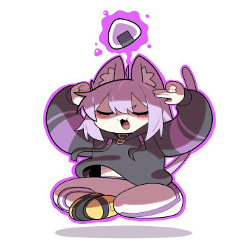 1girl :3 :d absurdres ahoge animal_ear_fluff animal_ears black_jacket blush butterfly_sitting cat_ears cat_girl cat_tail closed_eyes cocomayo29_(tomato) commentary_request fingers_to_head floating food full_body highres hololive jacket korean_commentary long_sleeves nekomata_okayu nekomata_okayu_(1st_costume) onigiri open_mouth pants psychic purple_hair shoes simple_background sitting smile solo tail telekinesis virtual_youtuber white_background white_pants yellow_shoes