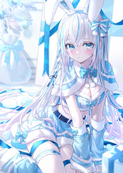 1girl animal_ears belt black_belt black_ribbon blue_bow blue_bowtie blue_capelet blue_eyes blue_hair blue_hairband blue_ribbon blue_skirt blue_sleeves blush bow bowtie braid breasts capelet christmas cleavage closed_mouth commentary_request detached_sleeves expressionless fake_animal_ears fur-trimmed_bow fur-trimmed_capelet fur-trimmed_skirt fur-trimmed_sleeves fur_trim gift hair_bow hair_ribbon hairband heart highres kazunehaka long_hair medium_breasts multicolored_hair original pom_pom_(clothes) rabbit_ears revision ribbon sack santa_costume single_braid sitting skirt solo star_(symbol) streaked_hair thigh_strap two-tone_hair very_long_hair white_hair