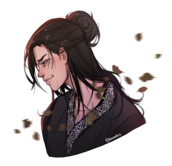 Rule 34 | 1boy, black eyes, black hair, black robe, commentary, crying, crying with eyes open, english commentary, falling leaves, hair bun, highres, leaf, long hair, male focus, neekaarts, robe, shadow slave, smile, solo, sunny (shadow slave), tears, upper body